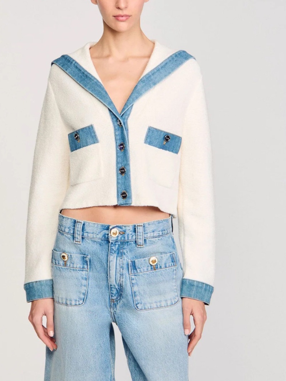 Sandro Cream Cropped Cardigan with Blue Denim Trim